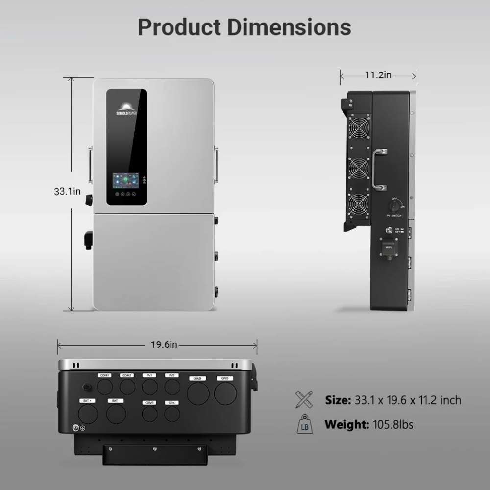 Product dimensions of Sun Gold Power 12000W 48V All-in-One Hybrid Solar Inverter are shown with front, side, and bottom views, measuring 33.1 x 19.6 x 11.2 inches and weighing 105.8 lbs