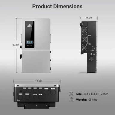 Product dimensions of Sun Gold Power 12000W 48V All-in-One Hybrid Solar Inverter are shown with front, side, and bottom views, measuring 33.1 x 19.6 x 11.2 inches and weighing 105.8 lbs