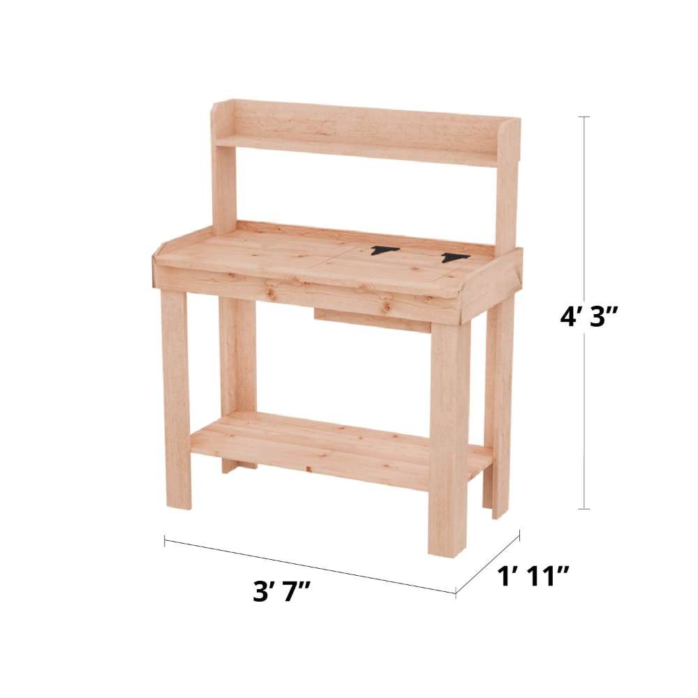 Product image displays size dimensions clearly, with Outdoor Living Today 4×2 Western Red Cedar Potting Bench at the center