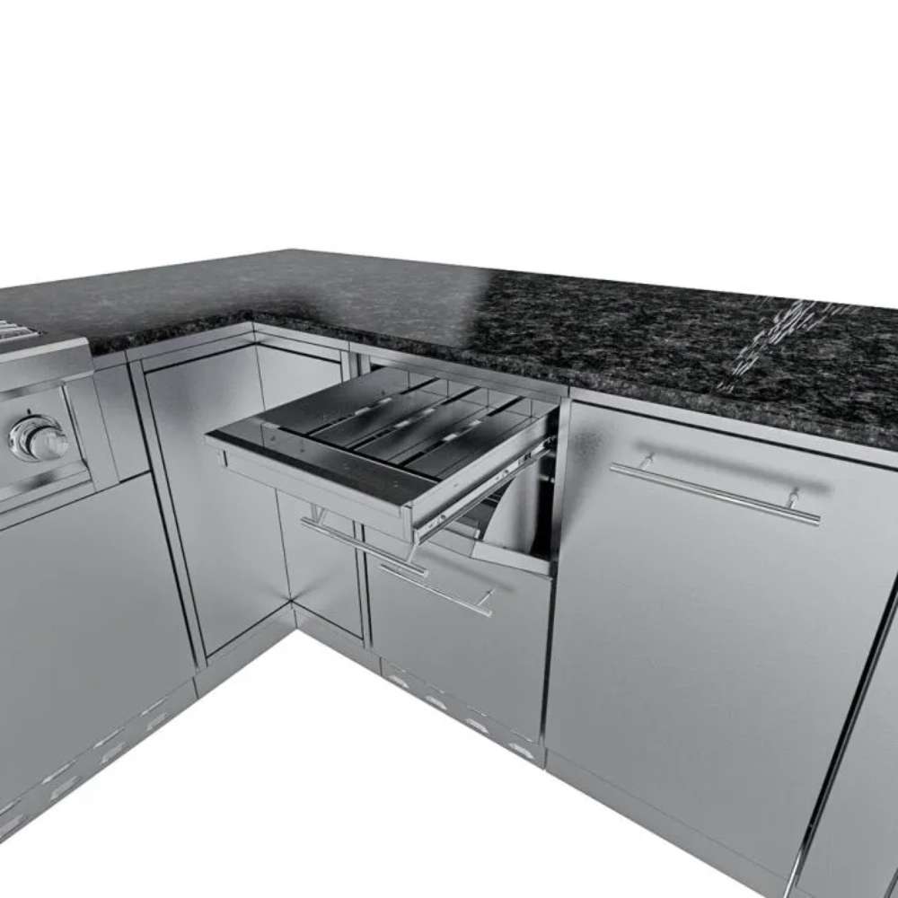 Pull-out tray detail of Sunstone Rancher L-Shaped 8′11″ × 11′ Outdoor Kitchen Package showing hidden prep surface under the countertop