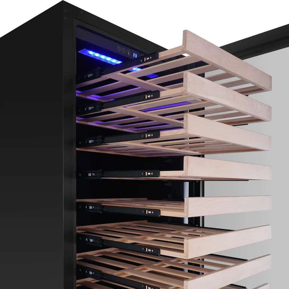 Pull-out wooden shelves inside KingsBottle 47-Inch Height Single Zone Wine Cooler With Low-E Glass Door under blue LED lighting