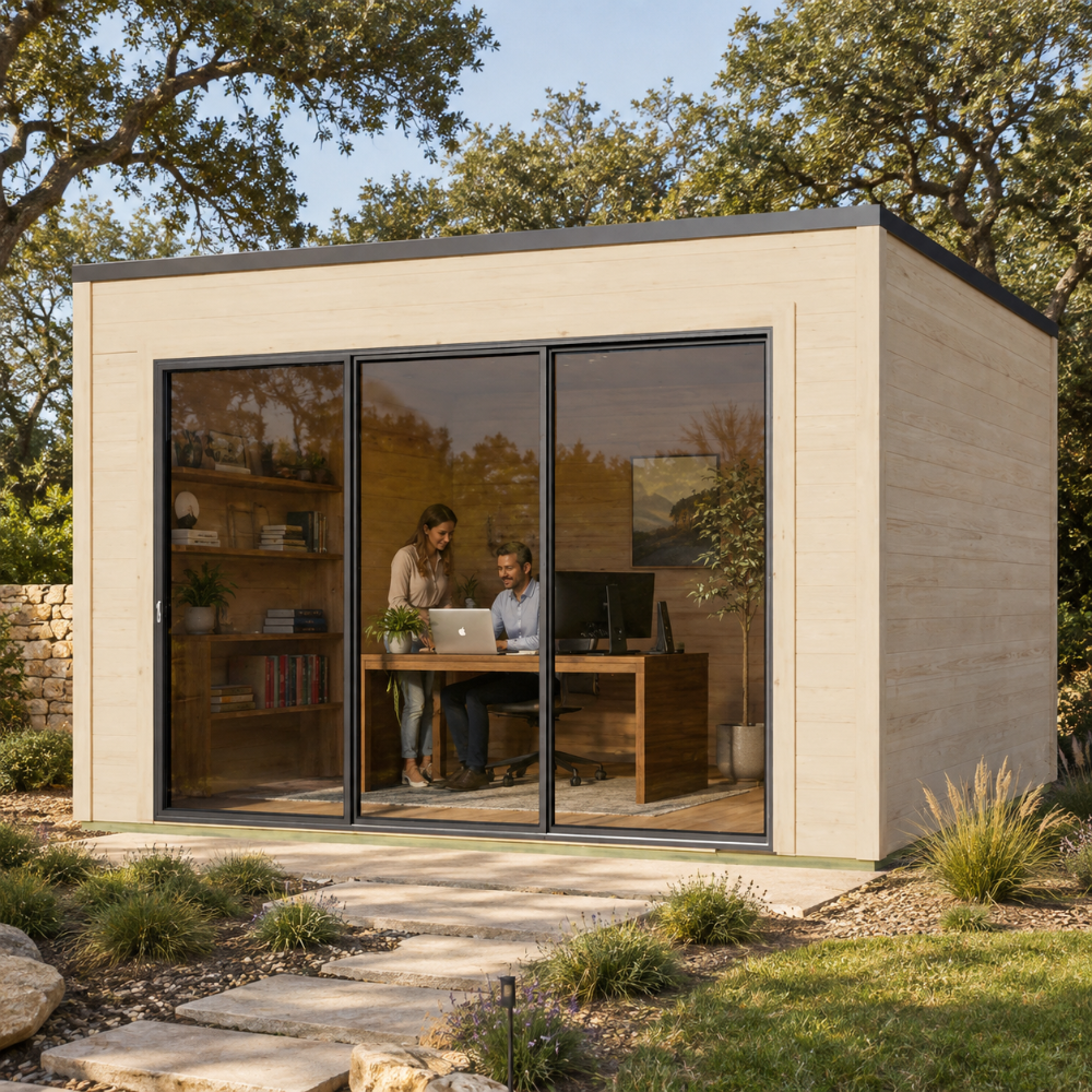 Q Bic ALU 44A Freedom Room designed as a bright daytime home office with modern furnishings and a realistic workspace.