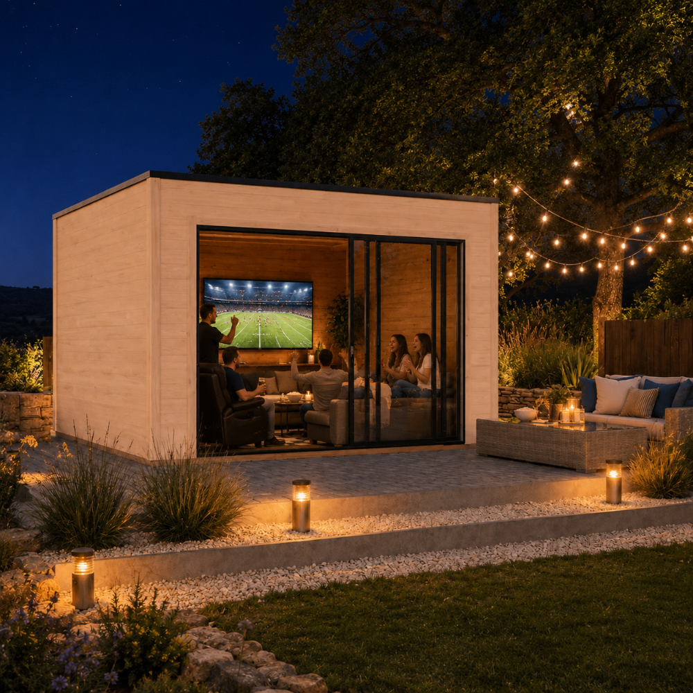 Q Bic ALU 44A Freedom Room furnished for a bright evening sports and movie night with friends and family.