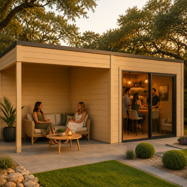 Q Bic ALU 44A SD Freedom Room transformed into a backyard bar with friends and family enjoying an afternoon get-together.