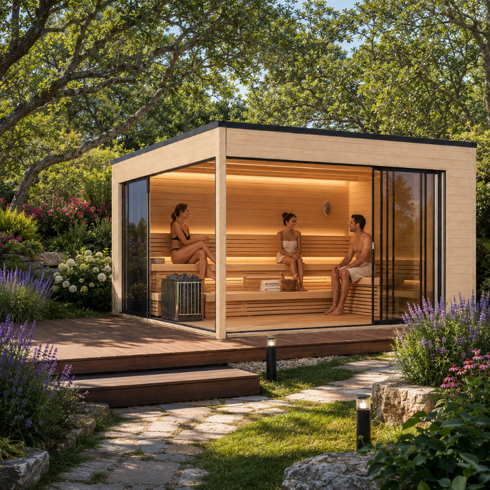 Q Bic ALU 70F Sauna surrounded by colorful flowers, mature trees, and stone pathways with three adults using the sauna.