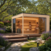 Q Bic ALU 70F Sauna surrounded by colorful flowers, mature trees, and stone pathways with three adults using the sauna.