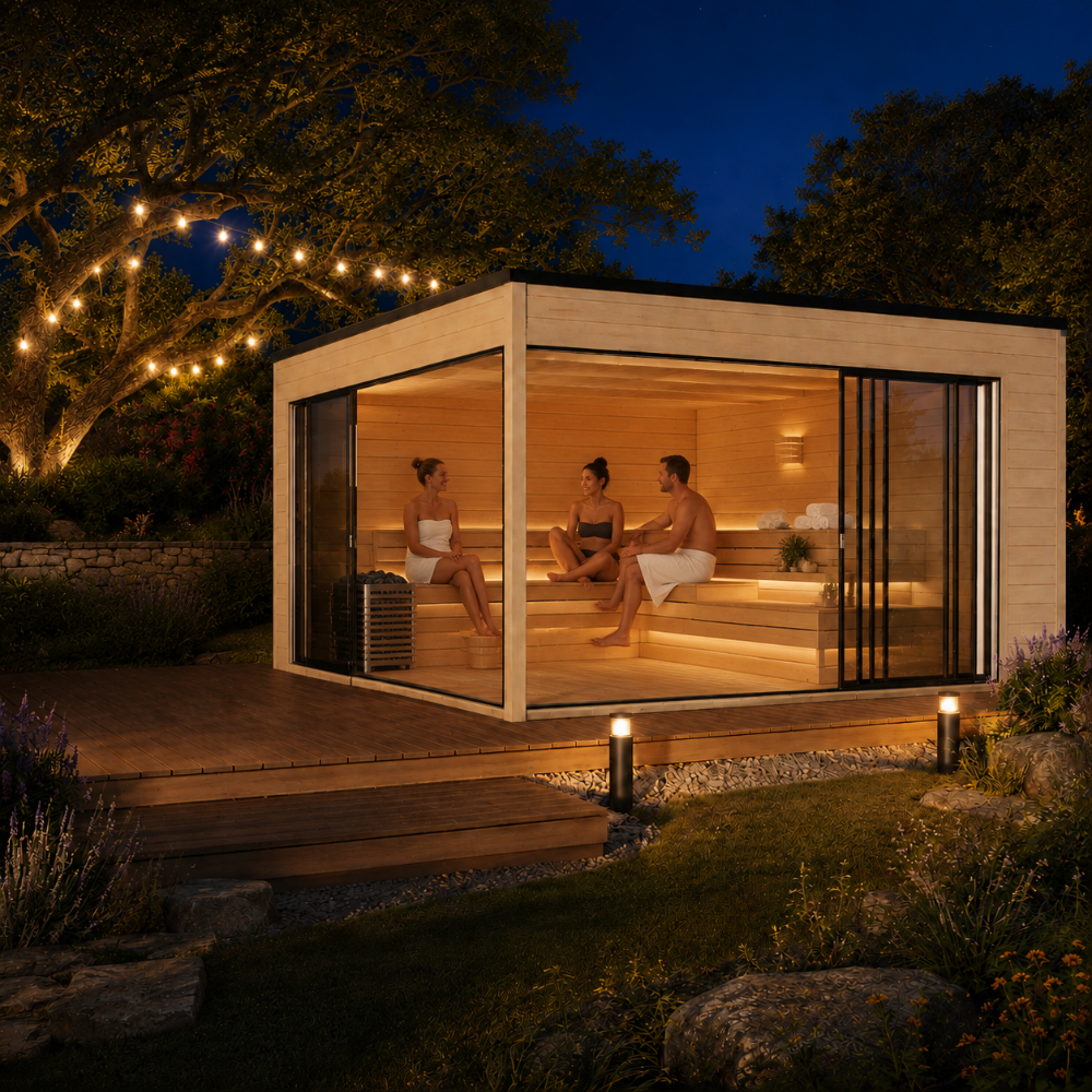 Q Bic ALU 70F Sauna during a bright summer evening with three adults relaxing inside and warm garden lights outside.