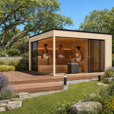 Q Bic ALU 70F Sauna in broad daylight with three adults relaxing on cedar benches in a landscaped backyard.