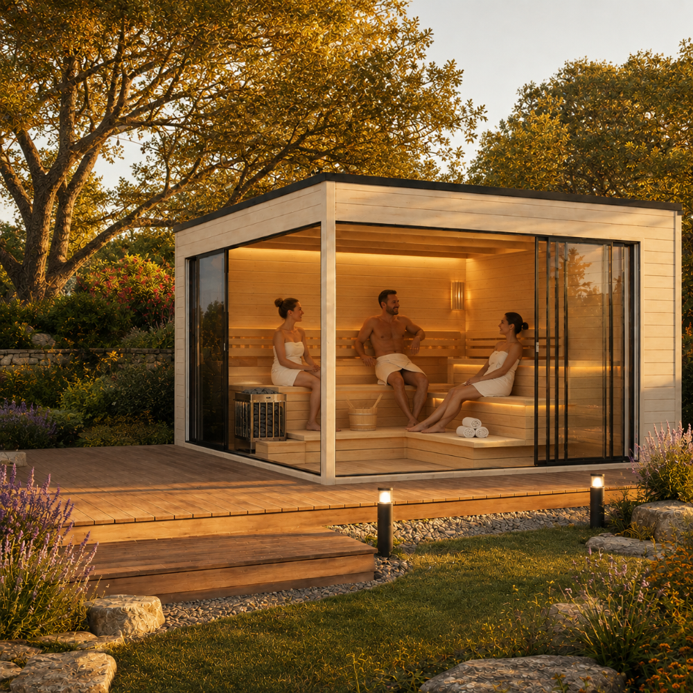 Q Bic ALU 70F Sauna at golden hour with three adults enjoying the warmly illuminated cedar interior.