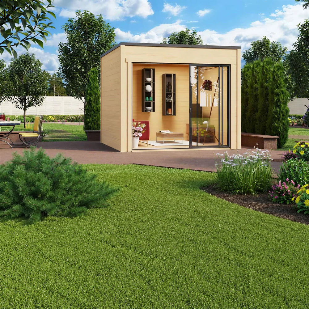 Surrounded by vibrant greenery, the GardenHouse24 USA Q Bic ALU 70G Garden Room features a bright, compact design perfect for relaxing outdoors
