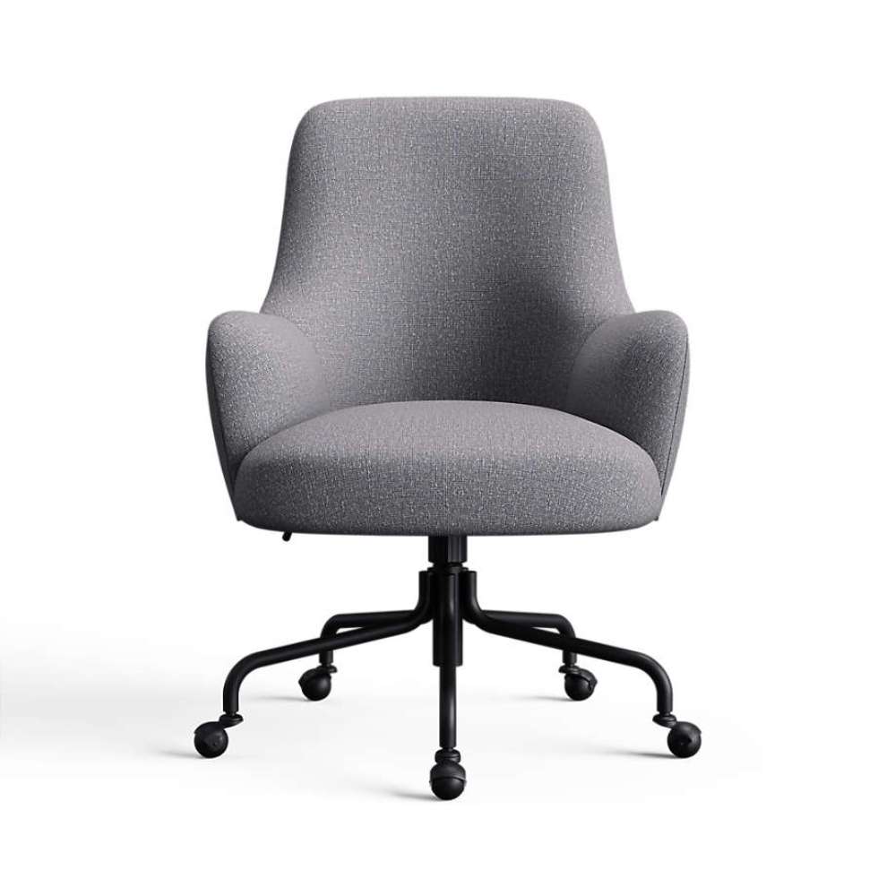 Quarry Icon Chenille Crate & Barrel Bellevue Upholstered Office Chair in quarry gray chenille with a rounded backrest and rolling base