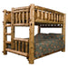 Queen Double Left – Fireside Lodge Cedar Log Bunk Bed shows a color photo of a rustic cedar log bunk bed with a queen top bunk, double bottom bunk, and ladder on the left