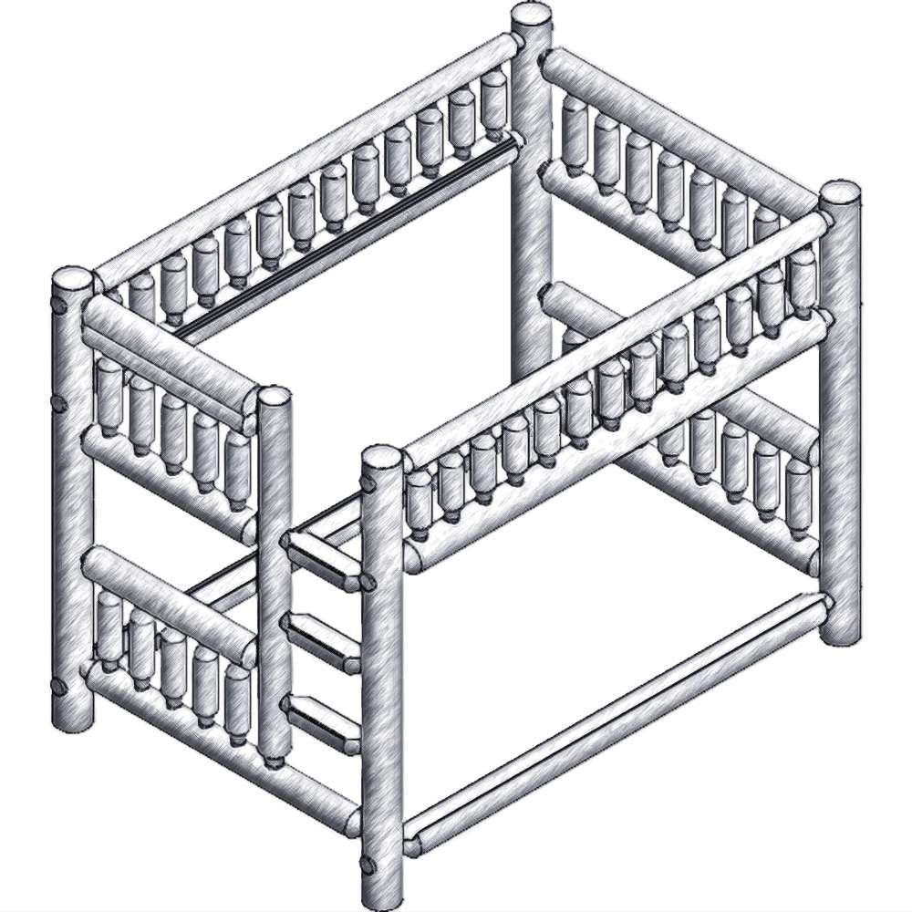 Queen Double Right – Fireside Lodge Cedar Log Bunk Bed shows a black-and-white drawing of a queen-over-double cedar log bunk bed with a ladder on the right