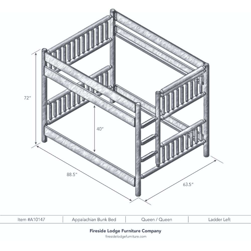 Queen Queen Left – Fireside Lodge Appalachian Bunk Bed is a dimensioned illustration of a queen-over-queen bunk bed with a left-side ladder and large sleeping surfaces