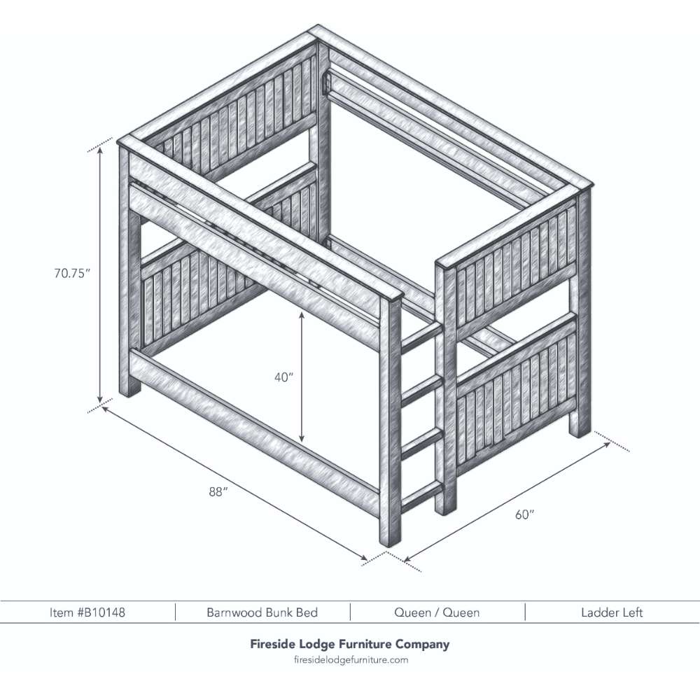 Queen Queen Left – Fireside Lodge Barnwood Bunk Bed shown as a black-and-white diagram of a queen-over-queen bunk bed with the ladder on the left and labeled measurements