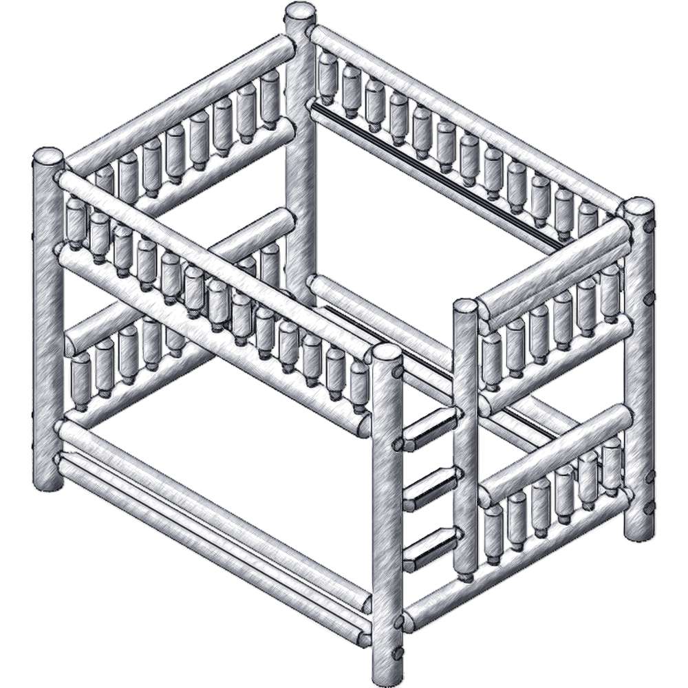Queen Queen Left – Fireside Lodge Cedar Log Bunk Bed shows a black-and-white drawing of a queen-over-queen cedar log bunk bed with a left-side ladder and full-length guardrails