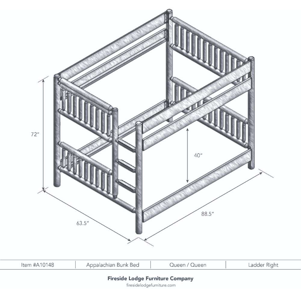 Queen Queen Right – Fireside Lodge Appalachian Bunk Bed is a technical drawing of a queen-over-queen bunk bed with a right-side ladder and full size dimensions