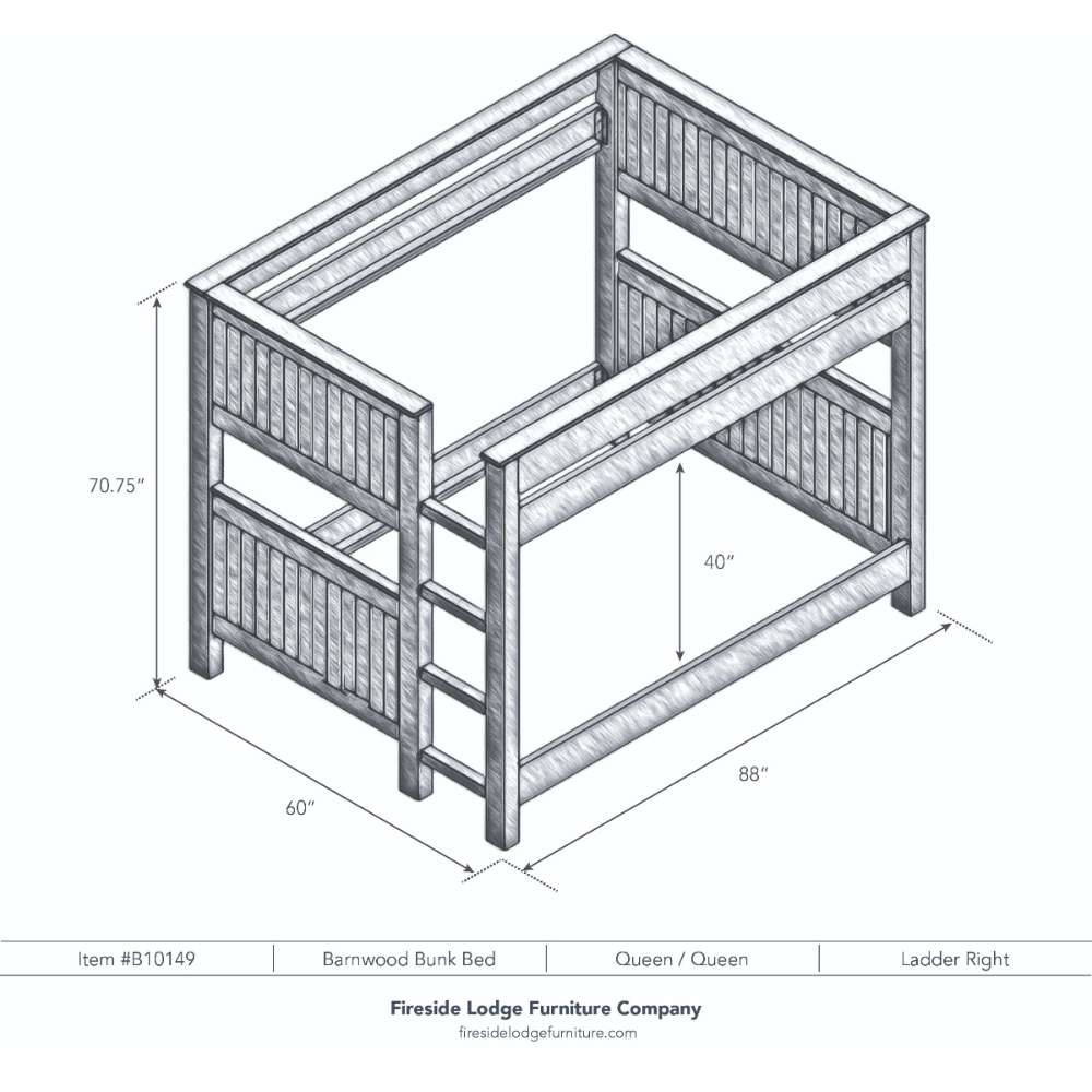 Queen Queen Right – Fireside Lodge Barnwood Bunk Bed shown as a black-and-white diagram of a queen-over-queen bunk bed with the ladder on the right and labeled dimensions