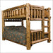 Queen Queen Right – Fireside Lodge Cedar Log Bunk Bed shows a color photo of a handcrafted cedar log queen-over-queen bunk bed with a right-side ladder
