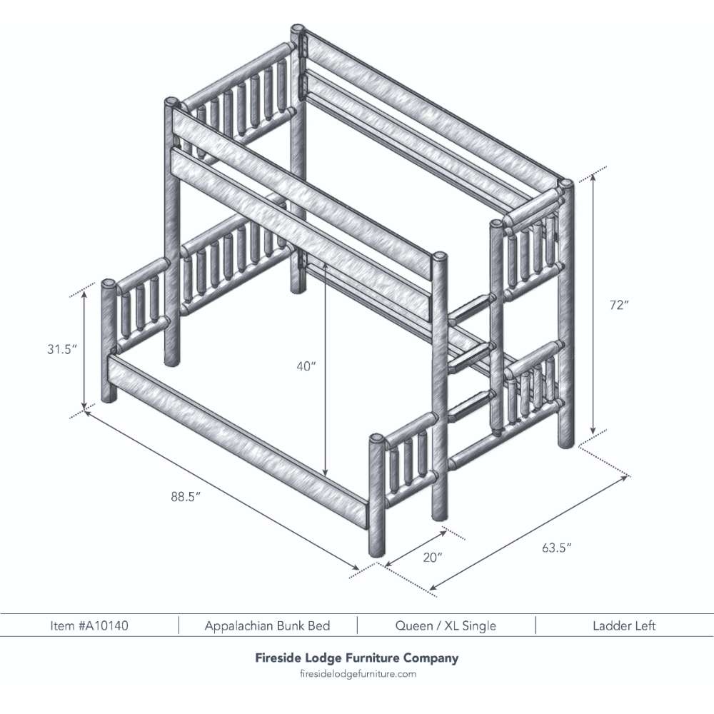 Queen Single Left – Fireside Lodge Appalachian Bunk Bed is a dimensioned line drawing showing a queen-over-XL single bunk bed with a left-side ladder and rustic log rails