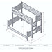 Queen Single Left – Fireside Lodge Appalachian Bunk Bed is a dimensioned line drawing showing a queen-over-XL single bunk bed with a left-side ladder and rustic log rails