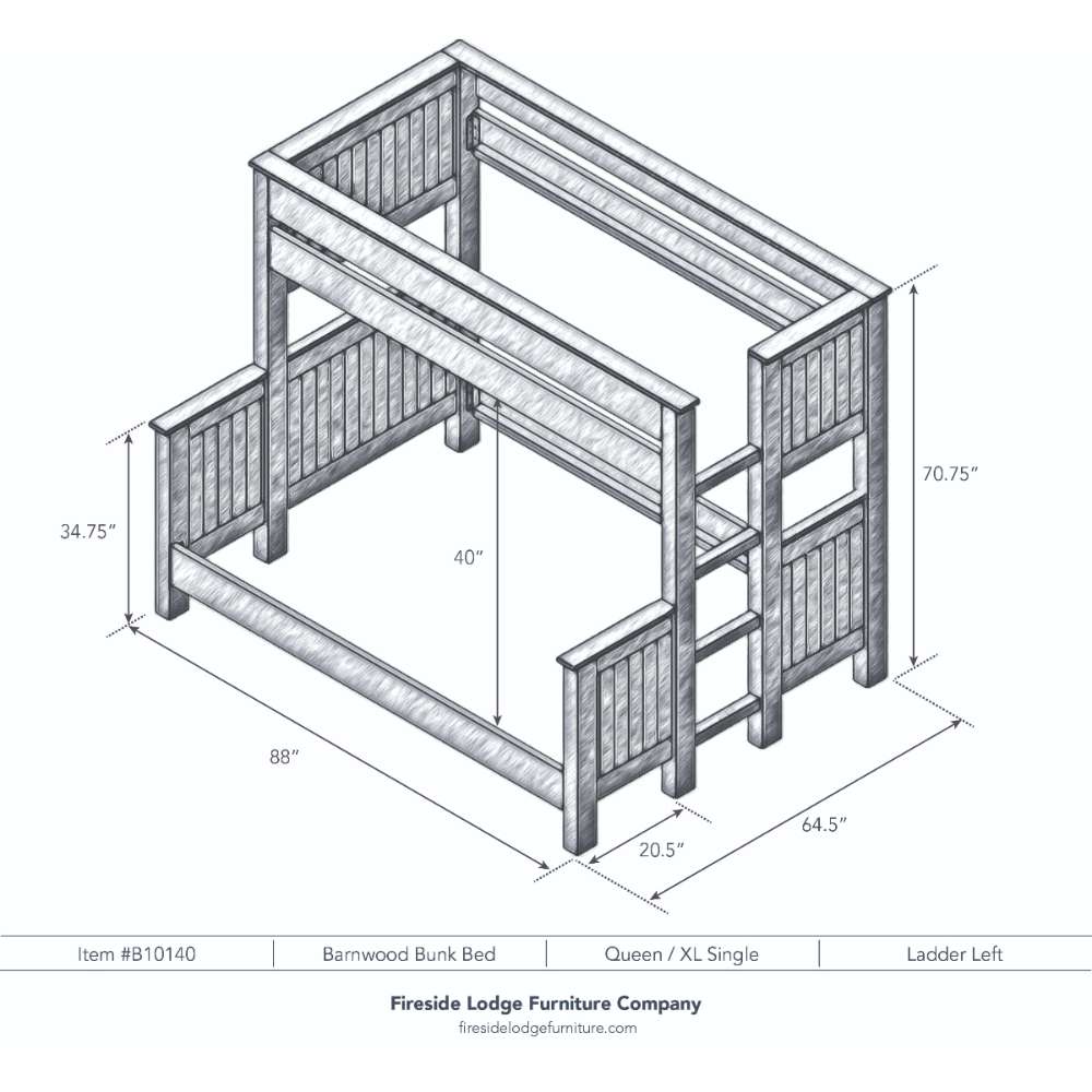 Queen Single Left - Fireside Lodge Barnwood Bunk Bed shown as a black-and-white diagram of a queen bed on the bottom and an extra-long single on top with the ladder on the left