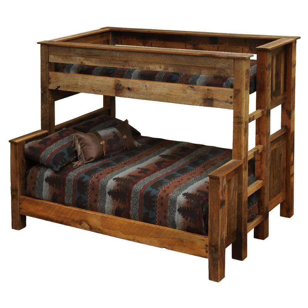 Queen Single Left – Fireside Lodge Barnwood Bunk Bed shown as a color photo of a rustic barnwood bunk bed with a queen bottom bed, single top bed, and left-side ladder
