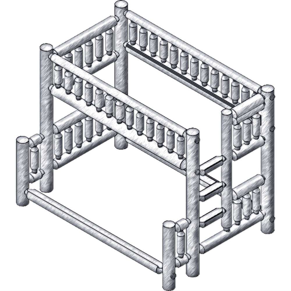 Queen Single Left – Fireside Lodge Cedar Log Bunk Bed shows a black-and-white drawing of a cedar log bunk bed with a queen bottom bunk, single top bunk, and ladder on the left