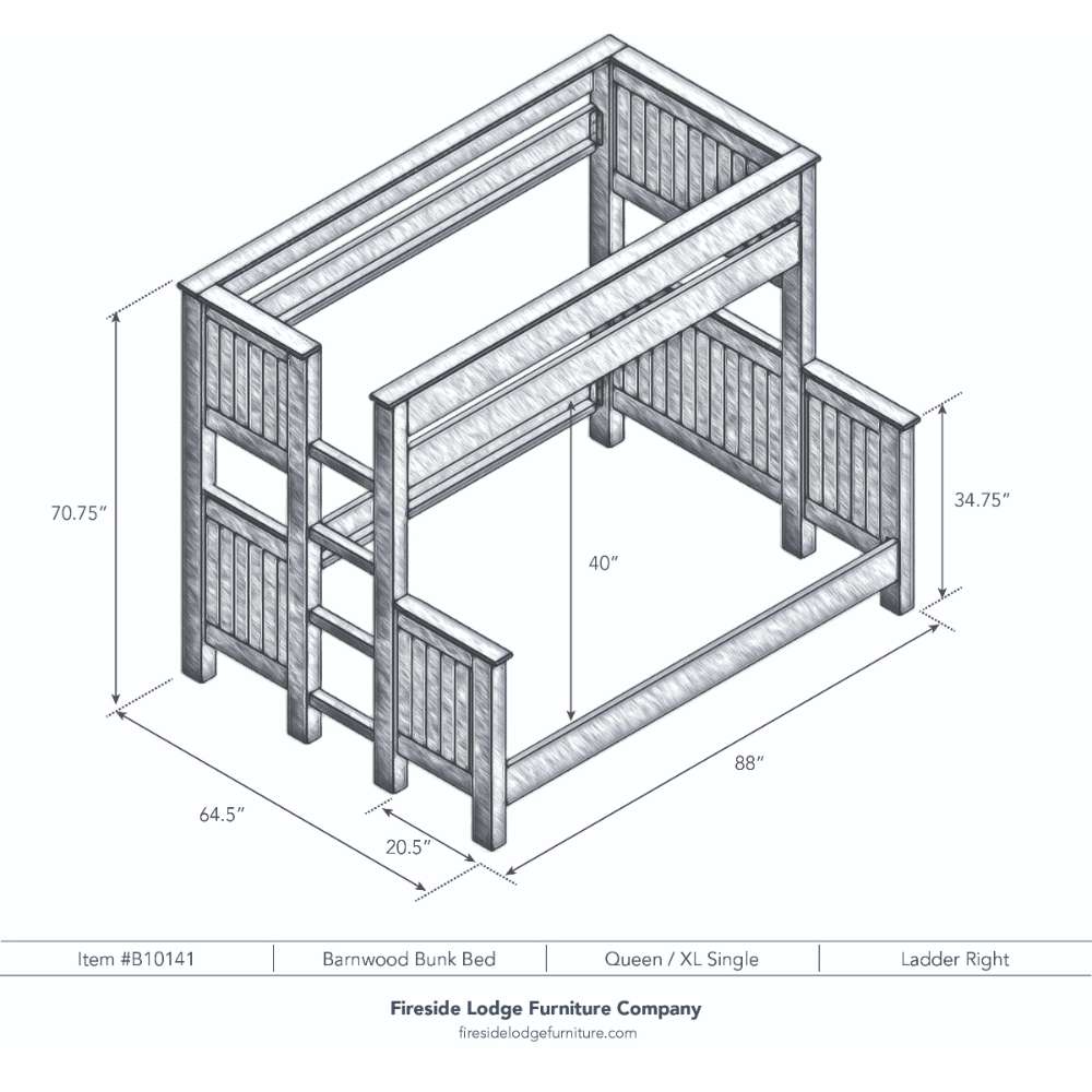 Queen Single Right – Fireside Lodge Barnwood Bunk Bed shown as a black-and-white diagram of a queen-over-single bunk bed with the ladder on the right and full measurements