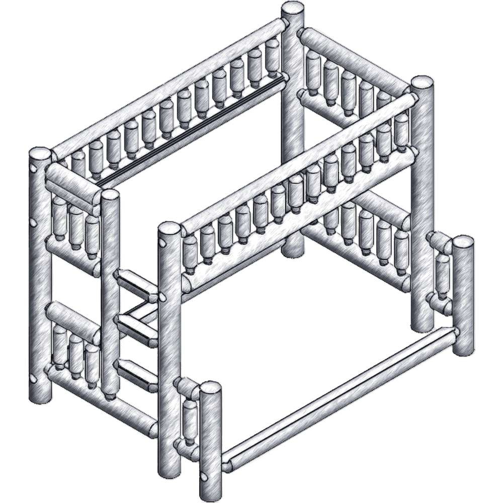 Queen Single Right – Fireside Lodge Cedar Log Bunk Bed shows a black-and-white drawing of a cedar log bunk bed with a queen bottom bunk, single top bunk, and ladder on the right