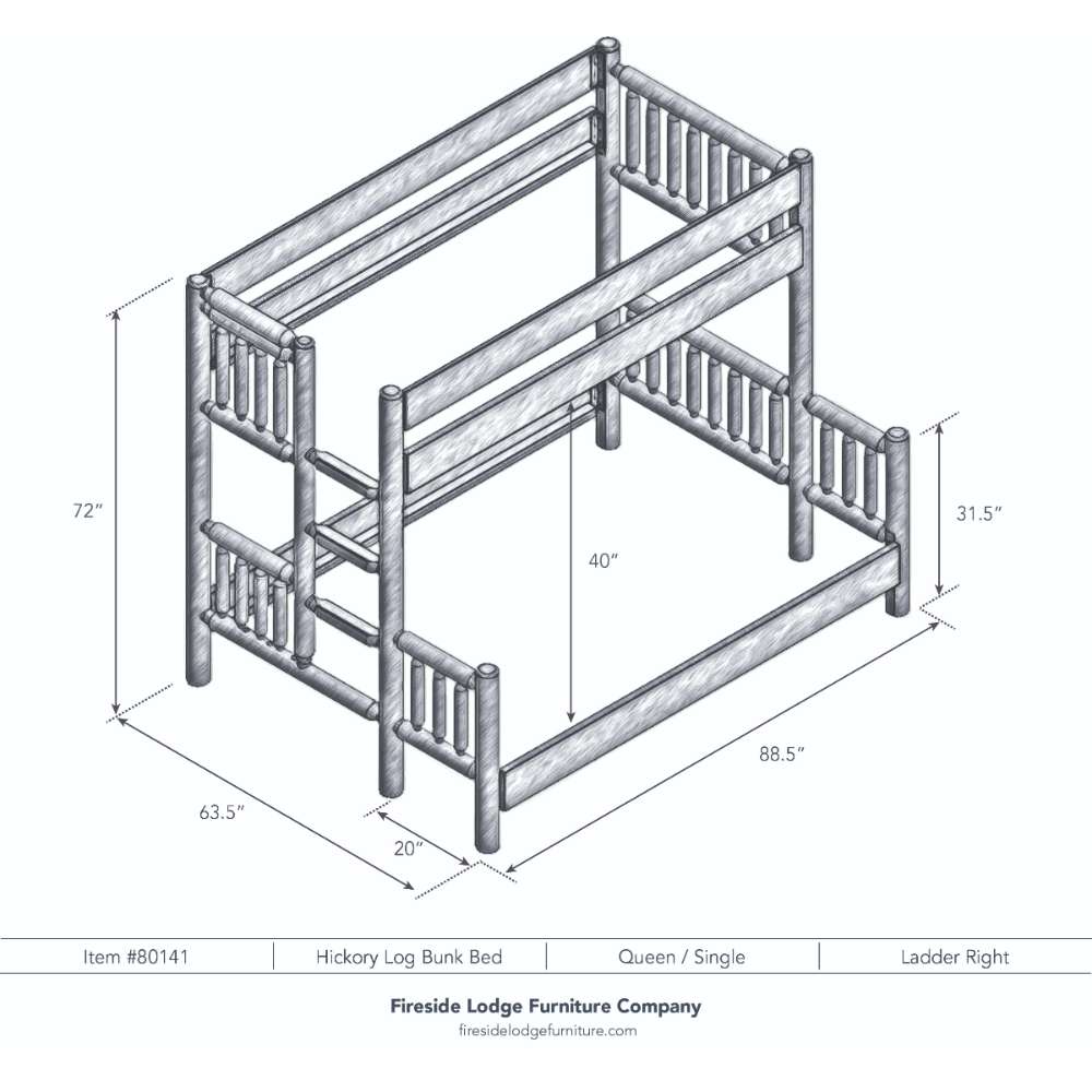 Queen Single Right – Fireside Lodge Hickory Log Bunk Bed shown as a black-and-white diagram of a queen-over-single bunk bed with a right-side ladder, rounded log posts, and size measurements