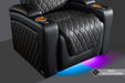 RGB lighting under the Valencia Oslo Ultimate Edition Home Theater Seating base creates a modern ambiance