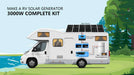 RV diagram shows Sun Gold Power 3000W Inverter 12VDC 120V Output LiFePO4 Battery Back-Up Off-Grid Solar Kit powering appliances with solar energy