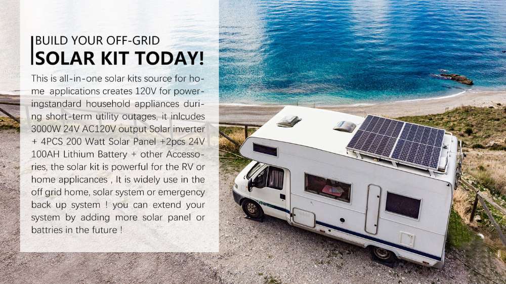 RV powered by Sun Gold Power 3000W 24V 120V 5.12KWH Lithium Battery 800W Solar Panel Off-Grid Solar Kit beside the coast