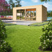 Positioned beside a lake with garden seating, the GardenHouse24 USA Ramsay 70 A ALU Garden Room shines in sunlight with its glass facade and wooden exterior