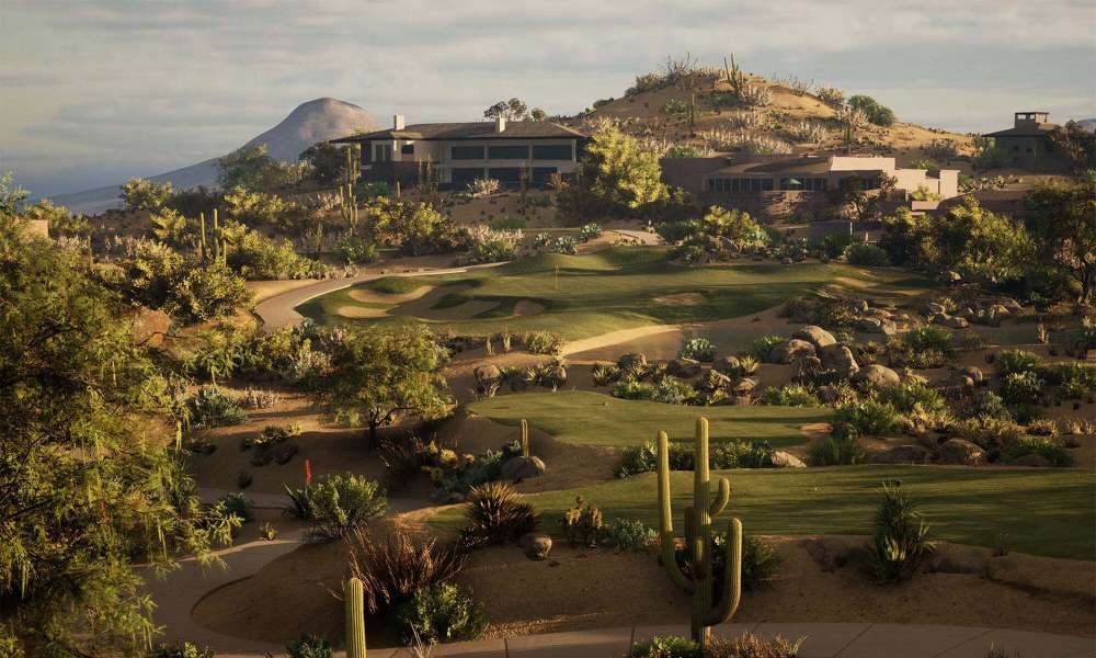 Realistic virtual desert golf course with fairways, bunkers, and mountains, representing gameplay tracked by TruGolf APOGEE Golf Launch Monitor