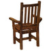 Rear angle of Fireside Lodge Barnwood Prairie Dining Arm Chair, showing its sturdy barnwood frame, vertical slats, and reinforced wooden legs