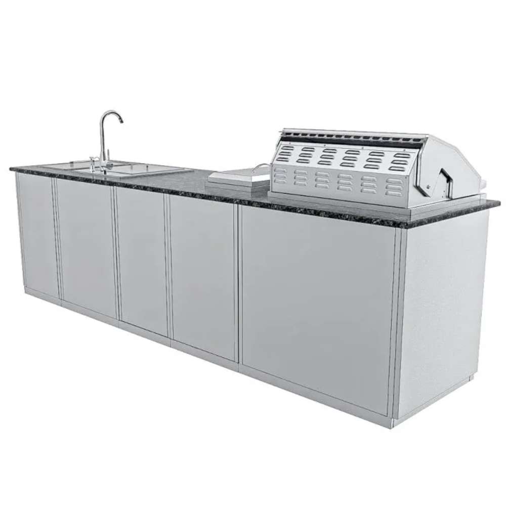 Rear angle of Sunstone Magnolia 10ft Outdoor Kitchen Island Package showing back panels and countertop layout