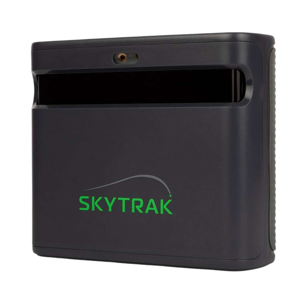 Rear angled view of SKYTRAK ST MAX Launch Monitor featuring its sensor opening and green SKYTRAK logo