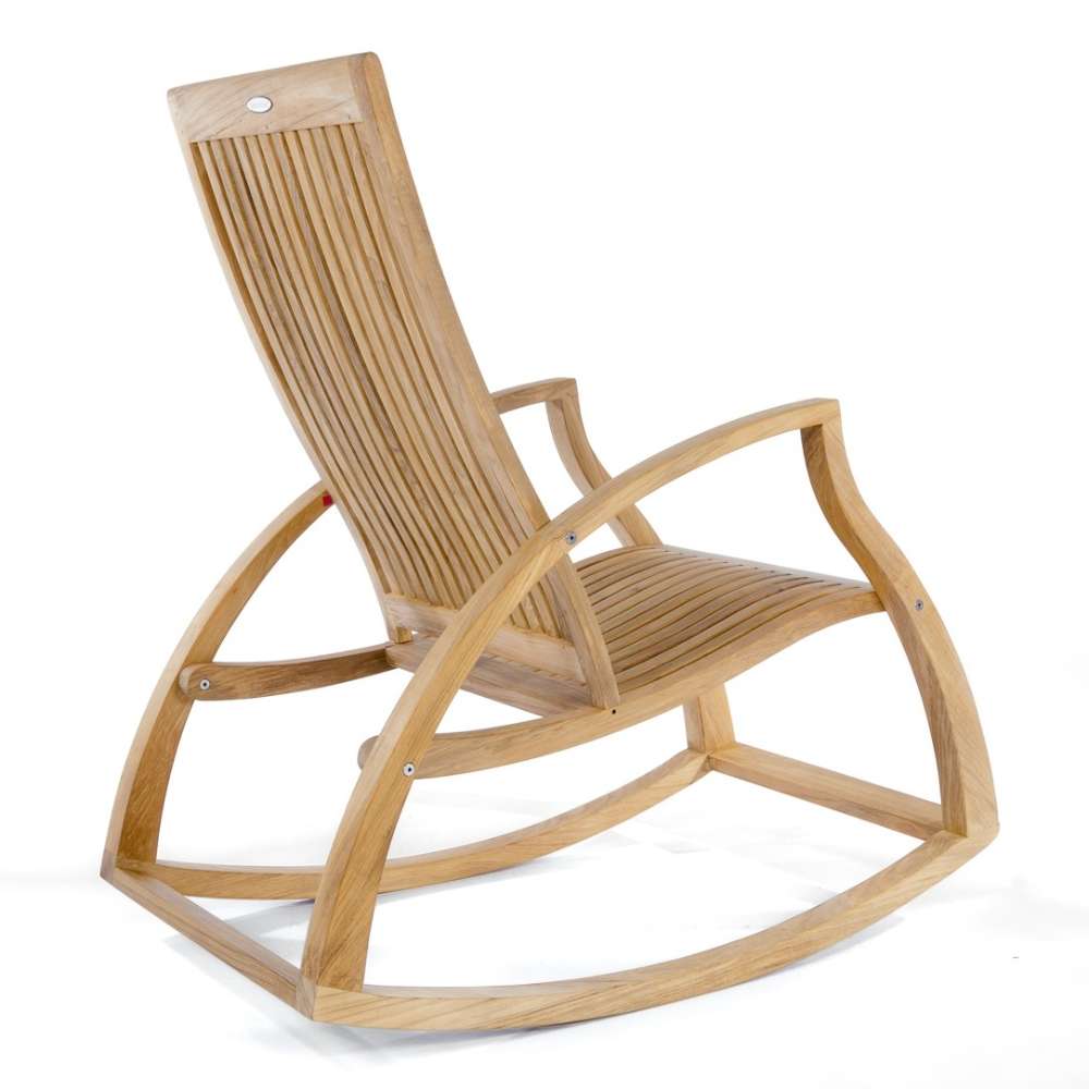 Rear angled view of Westminster Teak Aria Rocker shows the vertical slats of the back and its curved support structure