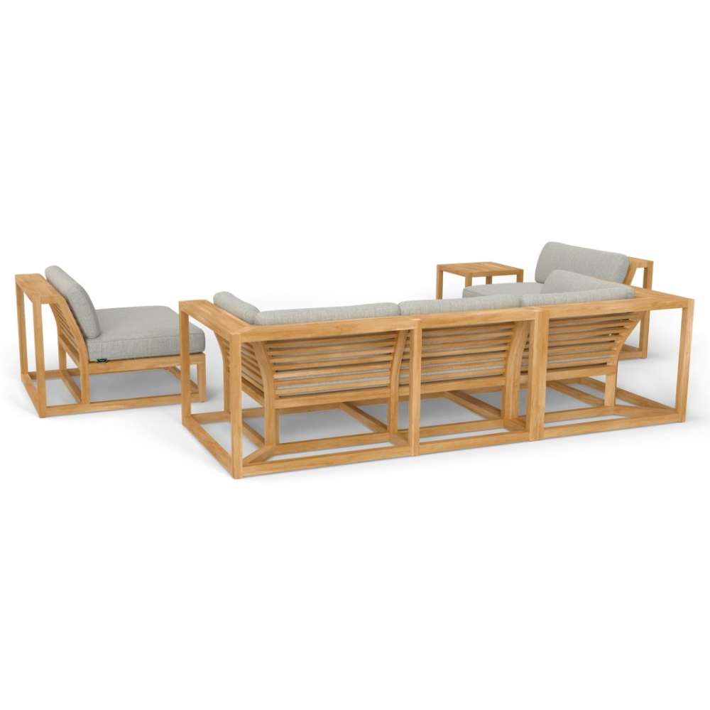 Rear angled view of Westminster Teak Maya 6pc Lounge Sofa Set, showing multiple connected seating pieces with slatted backs and light cushions