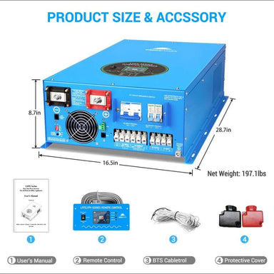 Rear connections, dimensions, and included accessories for Sun Gold Power 18000W 48V Split Phase Pure Sine Wave Inverter Charger