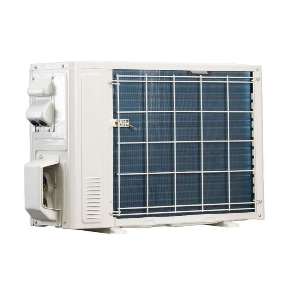 Rear of the outdoor condenser shows a blue coil and protective grille on ACiQ 9000 BTU Essentials 21 SEER2 Single Zone Wall Mount Mini Split Heat Pump System