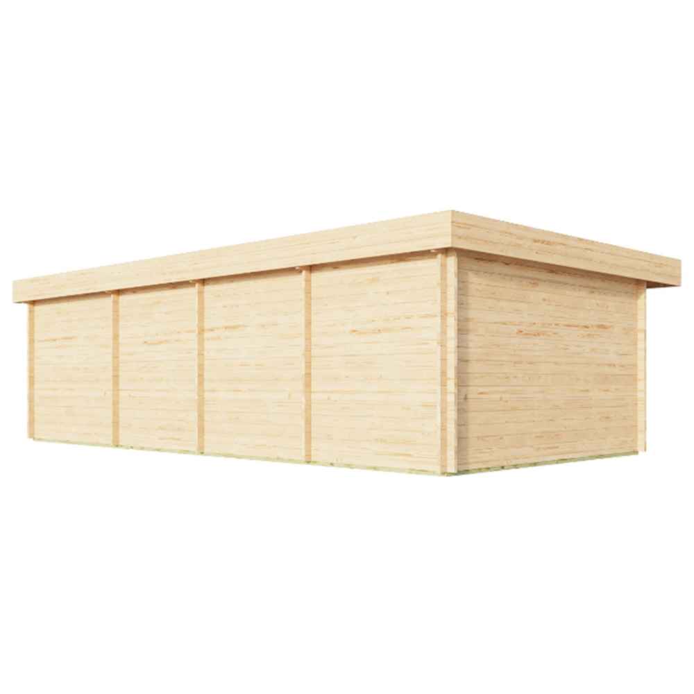 Rear-side angle of the GardenHouse24 USA ALU Concept 44O Garden Room displays its solid, closed wooden back wall with no windows