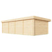 Rear-side angle of the GardenHouse24 USA ALU Concept 44O Garden Room displays its solid, closed wooden back wall with no windows