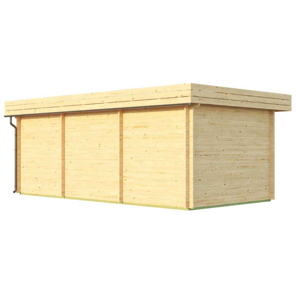 Rear-side view of the GardenHouse24 USA Miriam 44C Classic Garden Room reveals its solid wood paneling and overhanging flat roof
