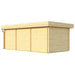Rear-side view of the GardenHouse24 USA Miriam 44C Classic Garden Room reveals its solid wood paneling and overhanging flat roof