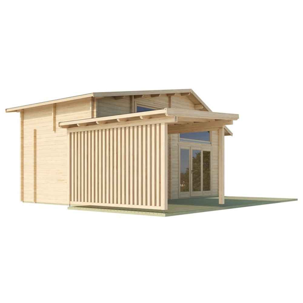 Rear-side view of the GardenHouse24 USA Montreal 70 Garden Room, highlighting the covered side section with vertical slats