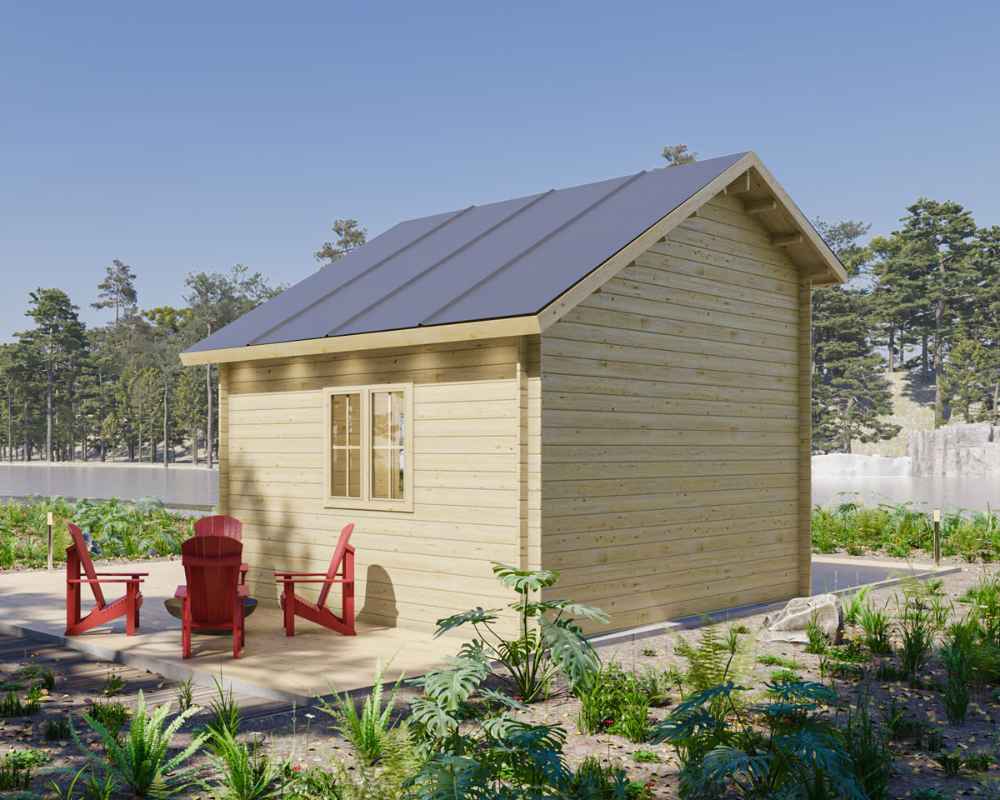 Rear-side view of the Sawmill Structures BlueWater Bungalow 160 Garden Room reveals a peaceful patio area surrounded by lush greenery