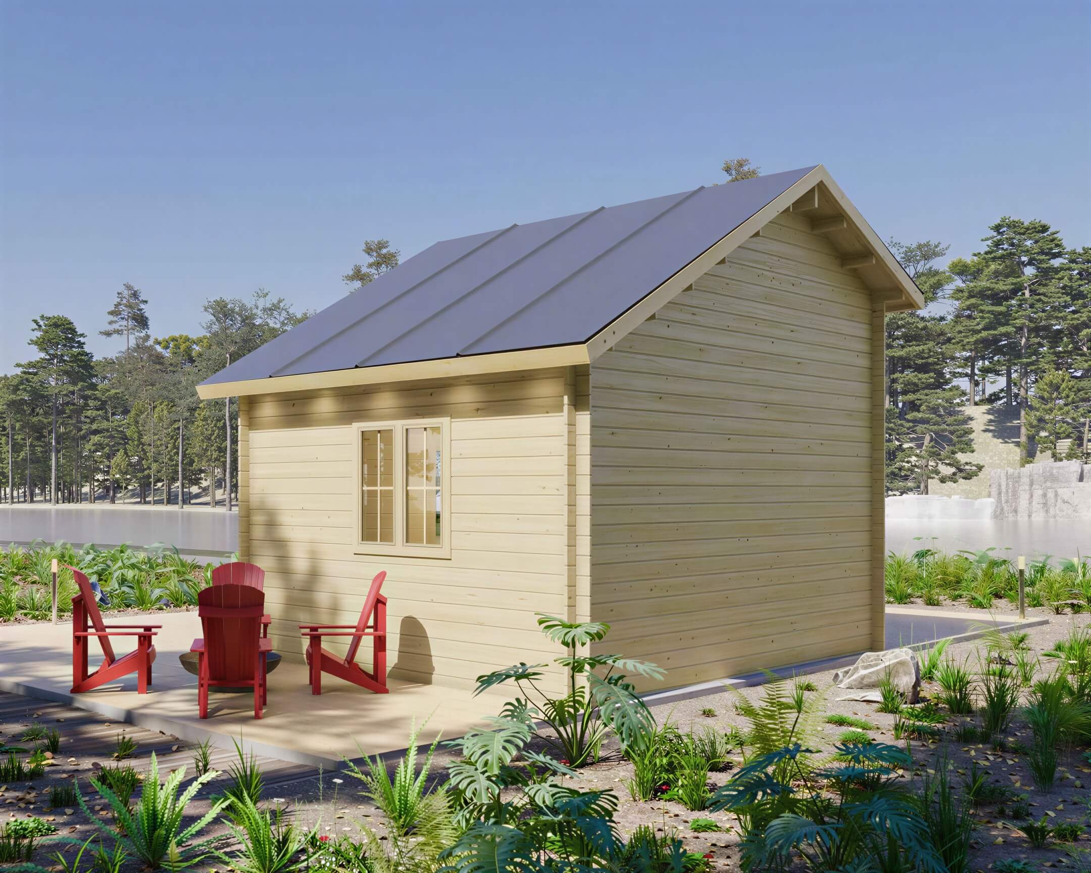 Rear-side view of the Sawmill Structures BlueWater Bungalow 160 Garden Room reveals a peaceful patio area surrounded by lush greenery